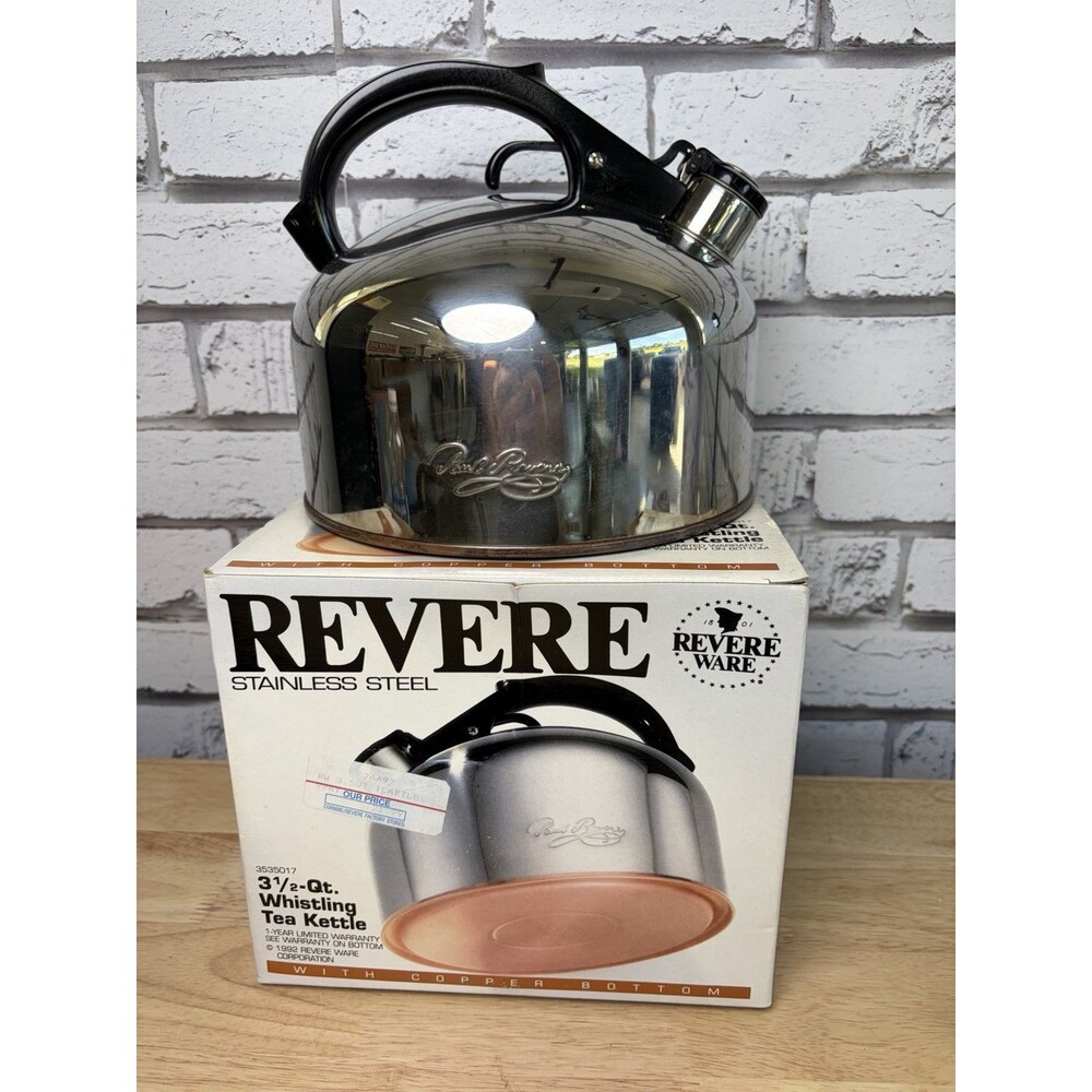 Revere Ware Stainless Steel Copper Bottom 3 1/2 qt Whistling Tea Kettle W/box